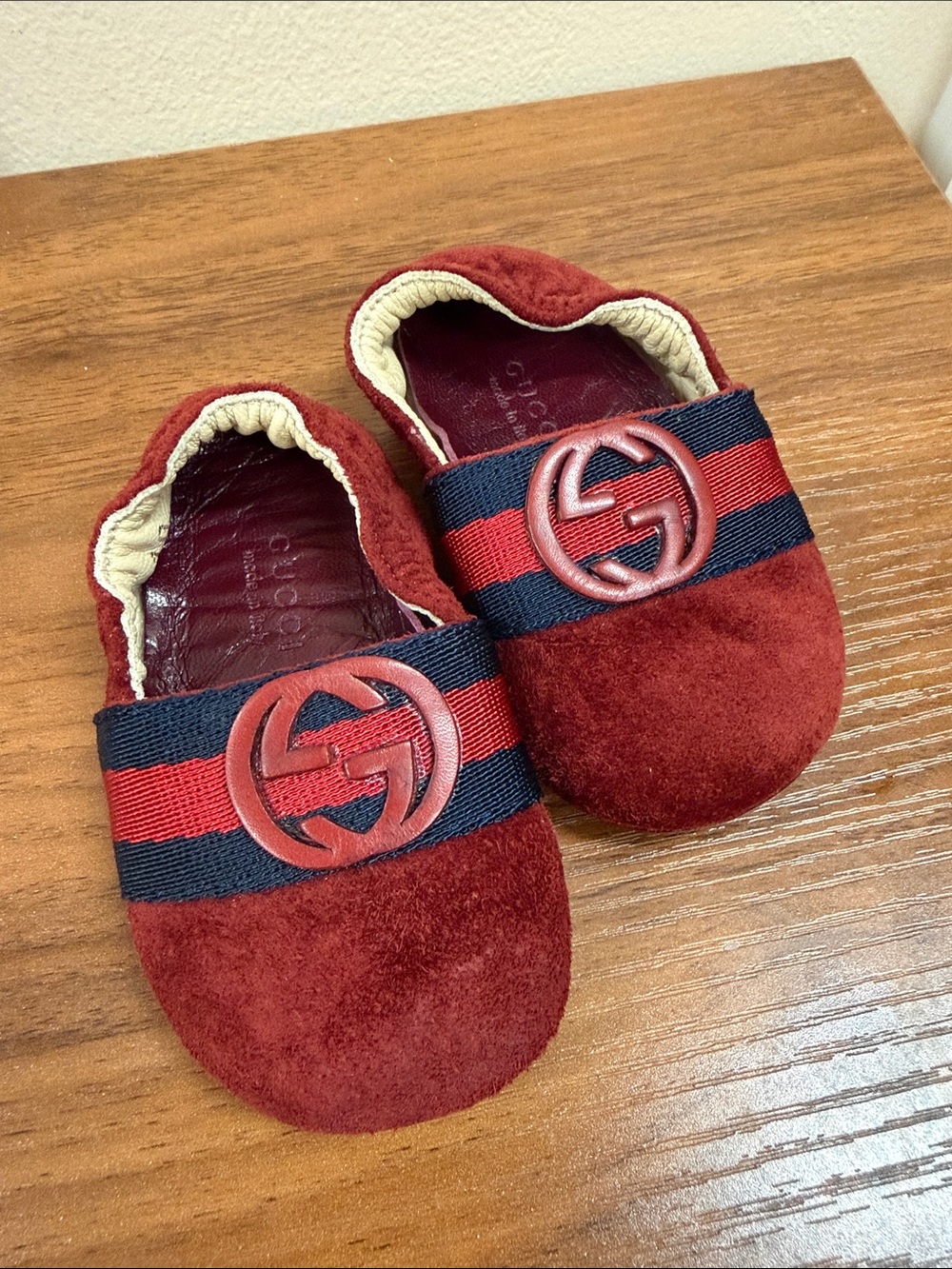 Gucci Red Suede Baby Loafers with Navy-Red Web and Logo
